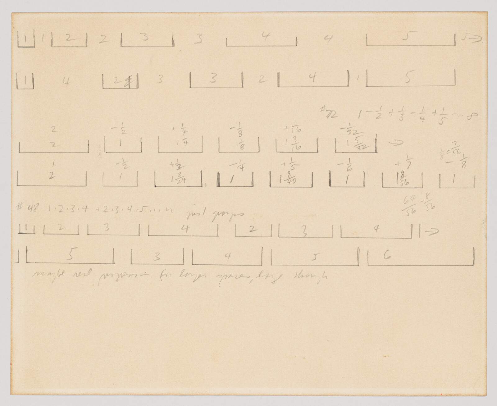 Handwritten pencil diagram of numbered rectangular boxes and fractional calculations on blank paper.