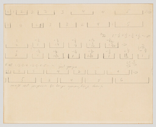 Handwritten pencil diagram of numbered rectangular boxes and fractional calculations on blank paper.