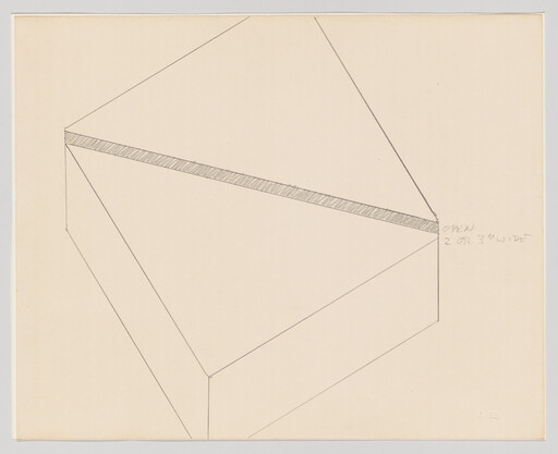 Pencil sketch of a geometric box with a shaded top edge and handwritten note "Open 2 or 3" wide."