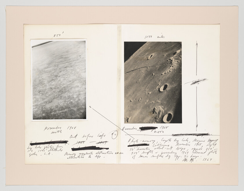Two black-and-white lunar surface photographs mounted with handwritten notes, arrows, and small sketches.