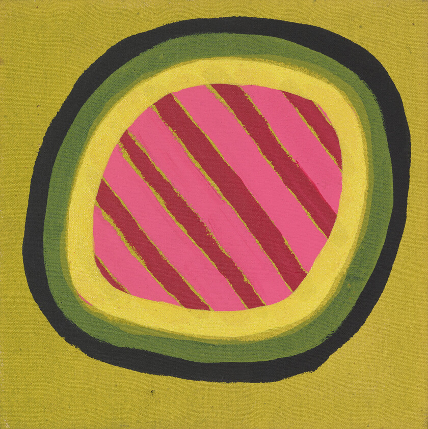 Concentric green and yellow rings surround a pink oval with diagonal red stripes on a mustard background.