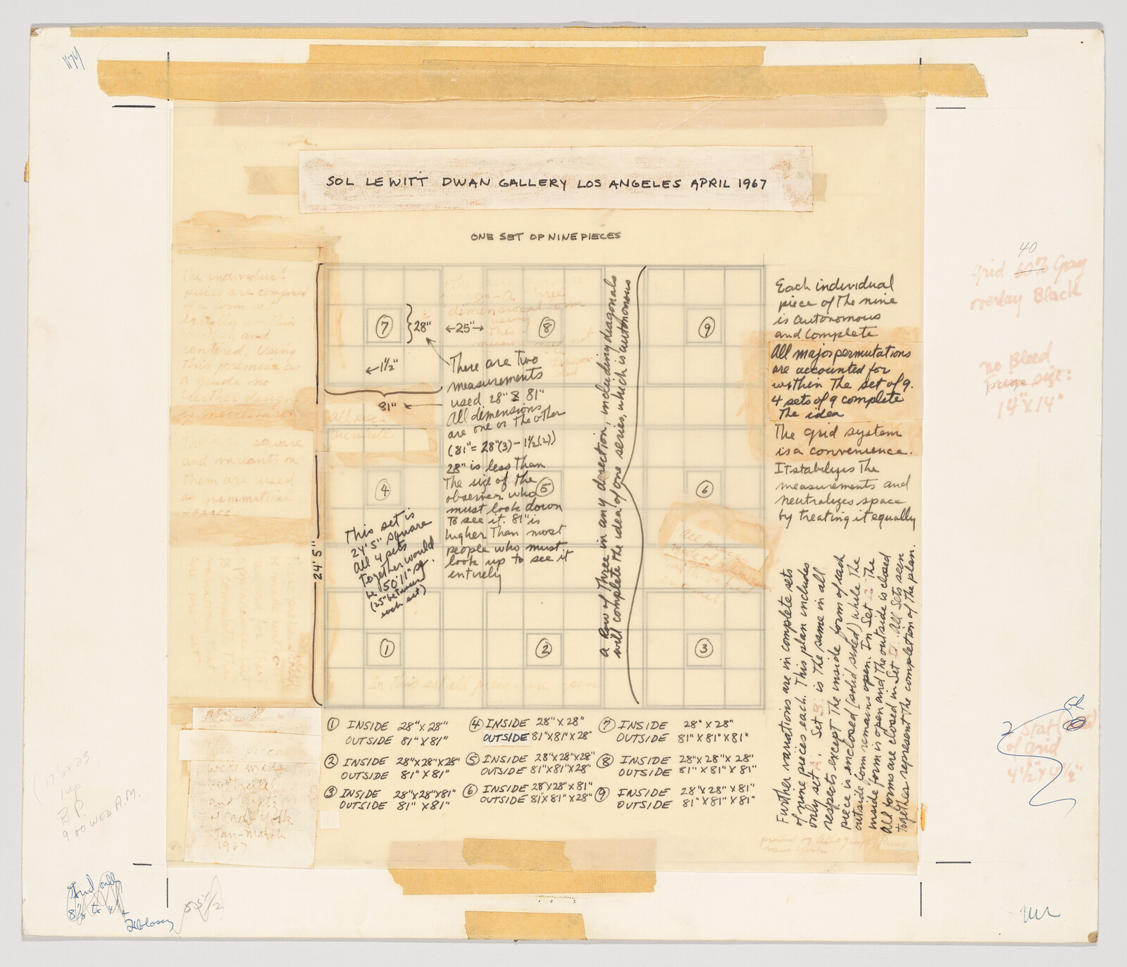 A collage of various handwritten notes and diagrams on a white background, with the title "SOL LEWITT DWAN GALLERY LOS ANGELES APRIL 1967" at the top. The notes contain text and numbers, some of which are in grid-like structures, and there are pieces of tape and annotations in different colors of ink. The overall appearance suggests a conceptual or planning document for an art exhibition.