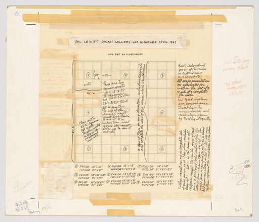 Sol LeWitt exhibition plan showing a nine-panel grid with handwritten measurements and notes.
