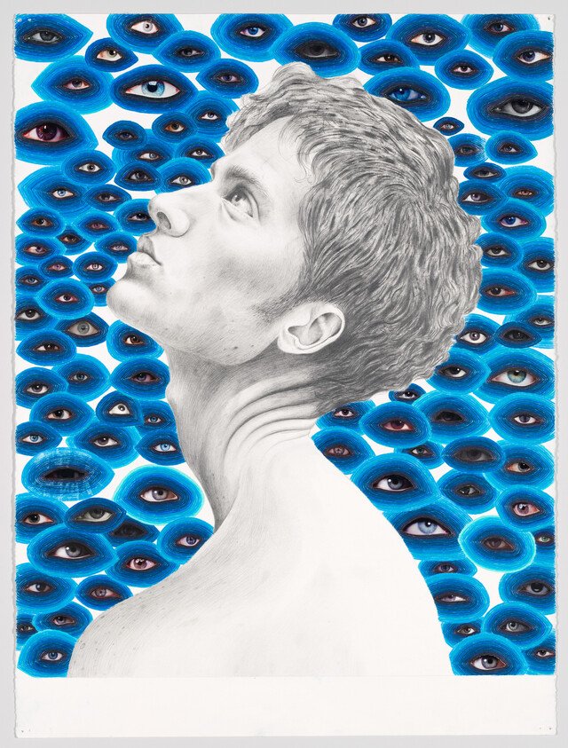 Young shirtless man looks upward surrounded by many blue eye shapes.