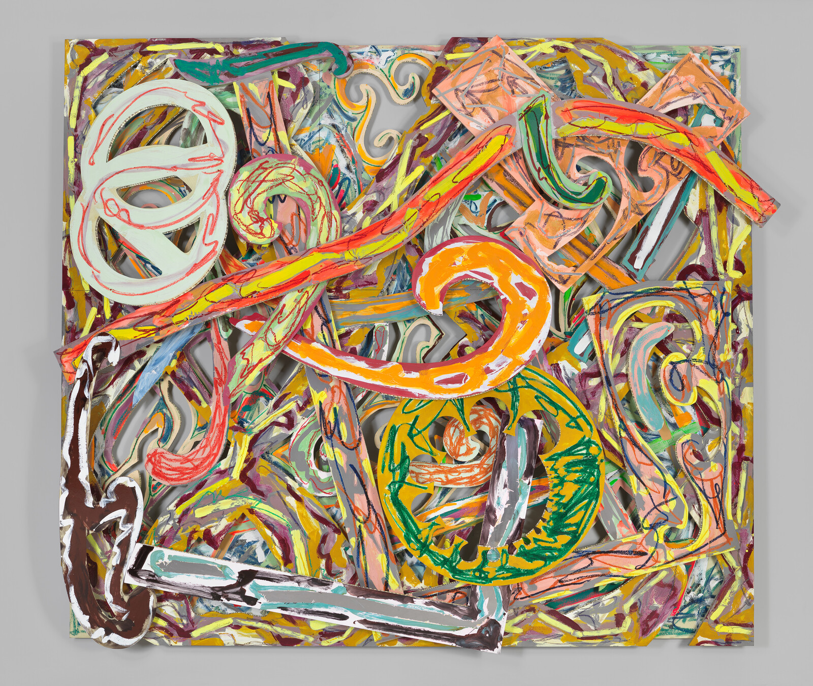 A vibrant layered abstract painting with swirling cutout shapes and bold painted strokes.