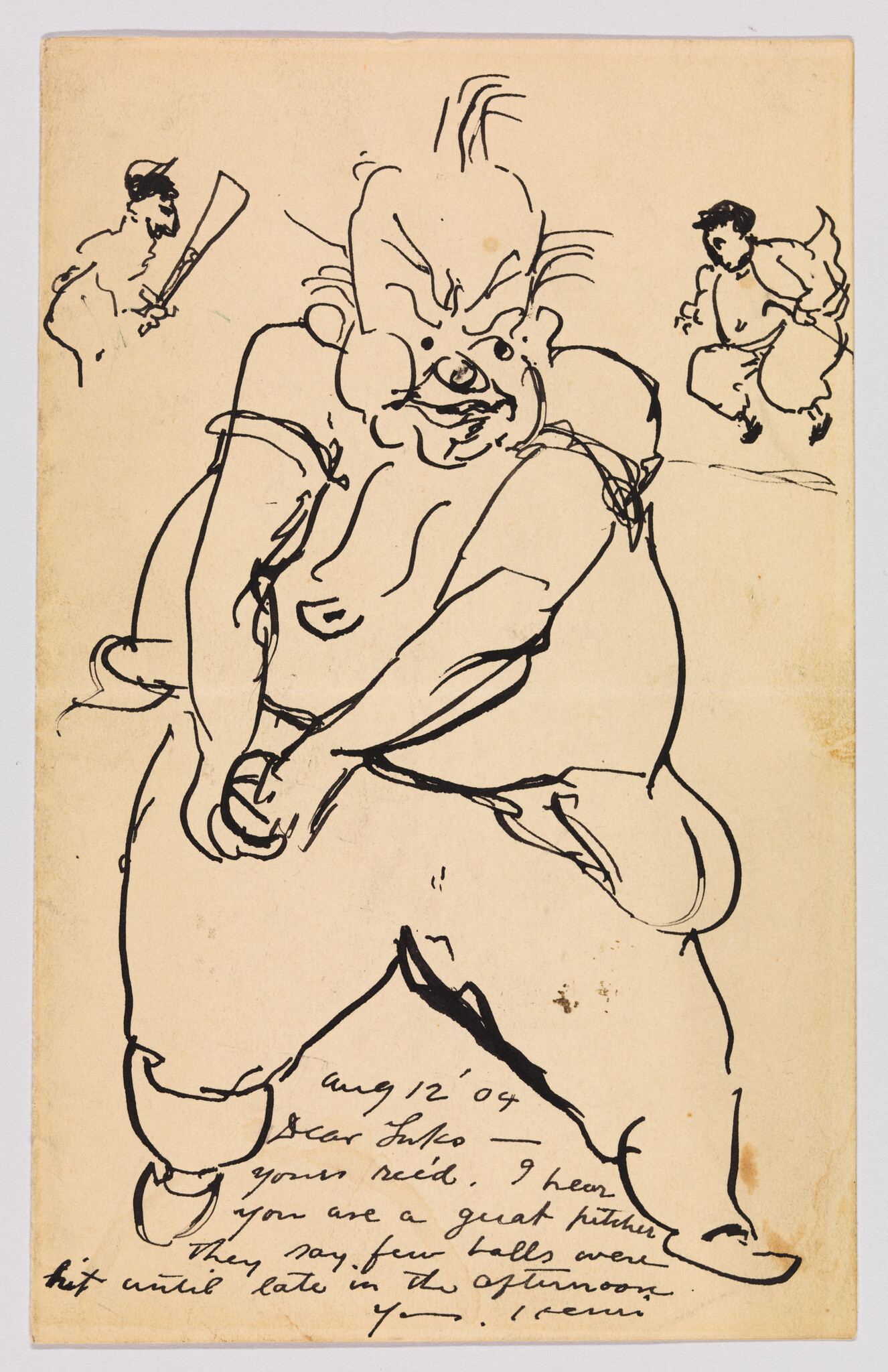 Bold ink sketch of an angry, heavyset man squatting with clenched fists while two small figures watch.