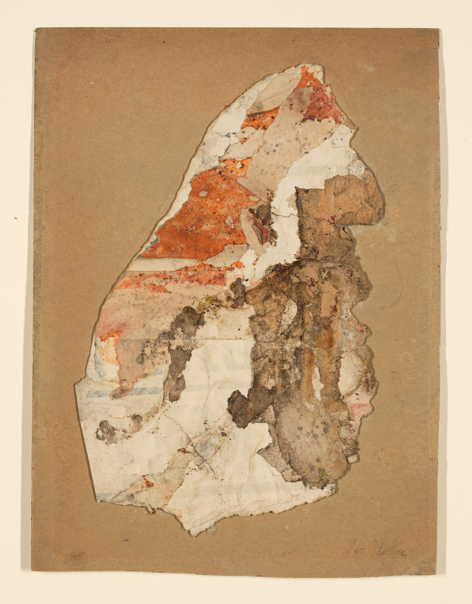 Torn layered paper collage with orange, white, and brown patches mounted on a brown backing.