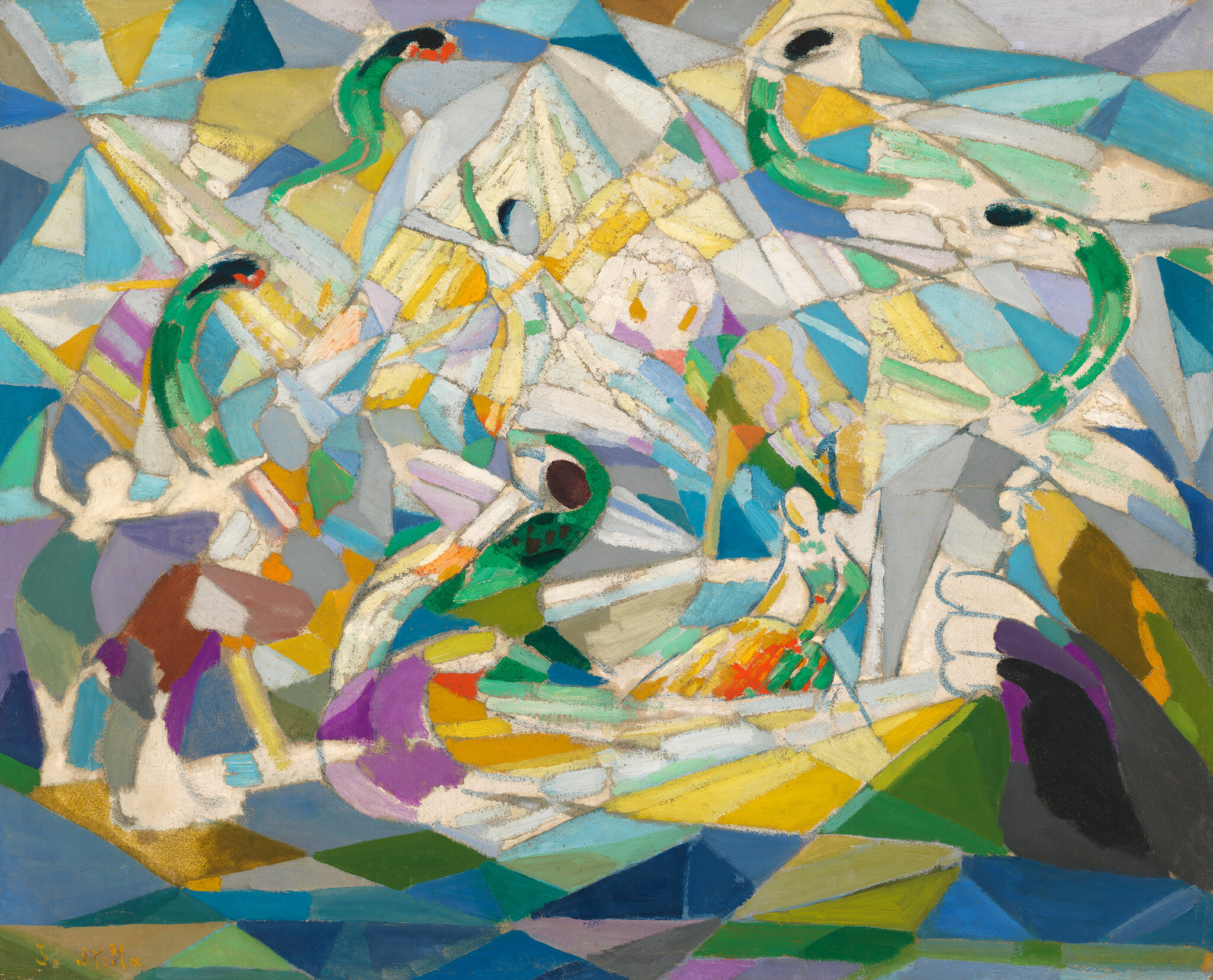 Abstract composition of colorful geometric shapes featuring swan-like birds and small human figures.