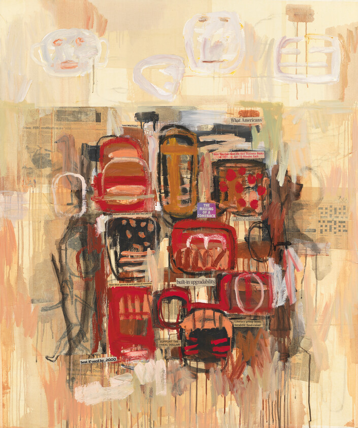 Rounded rectangular shapes in red, black, orange, and brown cluster in the lower center, bordered by ghostly white heads.