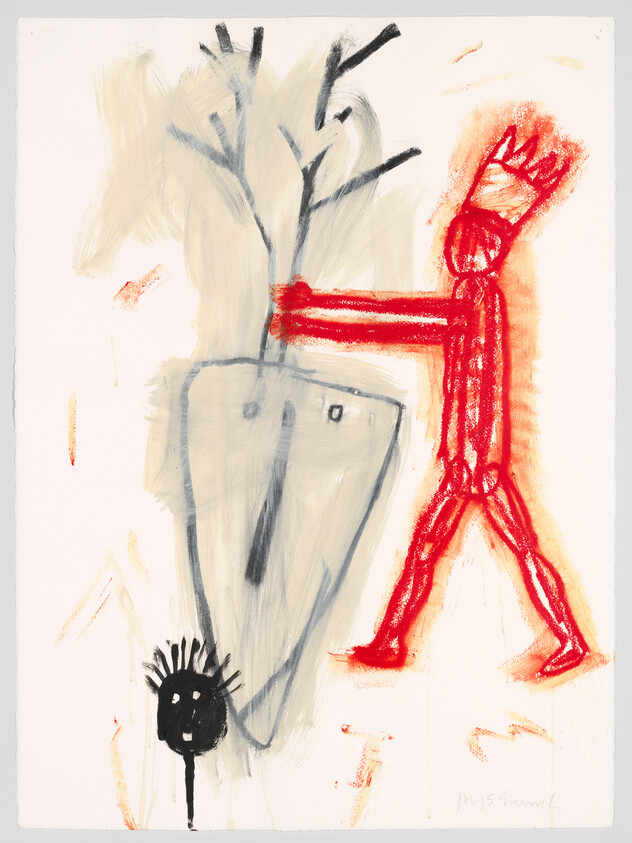 A red crowned figure pushes a large gray vase with bare branches while a small black head looks on.