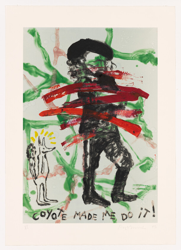 Tall dark figure wrapped in red brush strokes with a small coyote and the text "Coyote made me do it!".