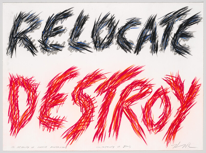 Jagged black word RELOCATE above bold red word DESTROY, both drawn with sharp crayon strokes.