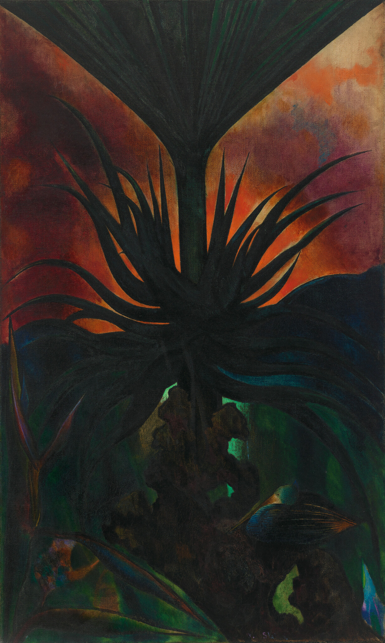 A large spiky-leaved plant silhouette against a glowing orange sky with a small bird below.