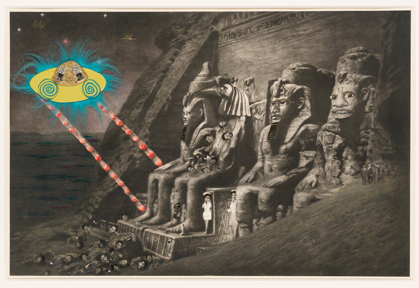 A colorful UFO fires red beams at giant seated Egyptian statues carved into a cliff.
