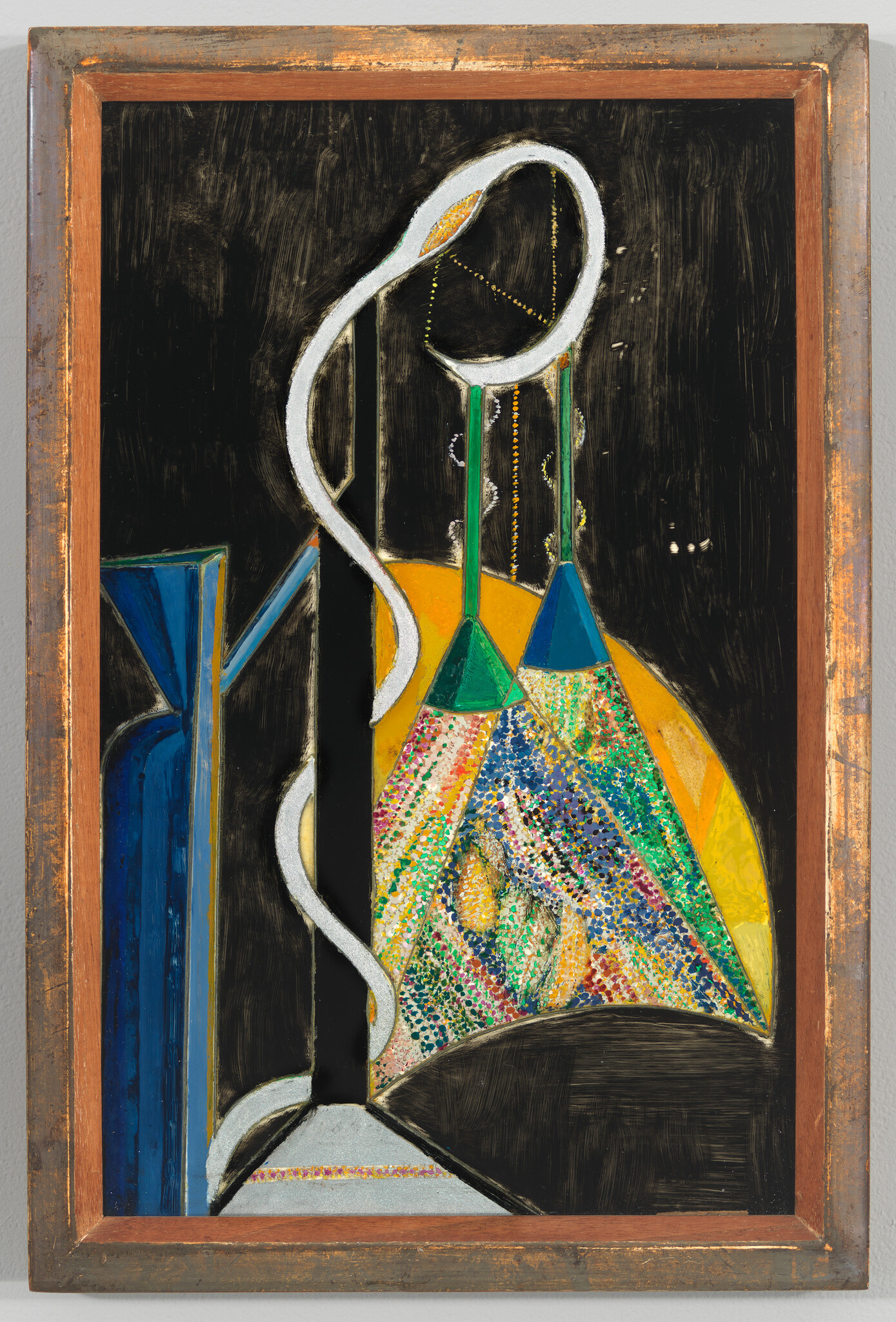 Abstract painting showing two colorful hanging cone shapes and a white serpentine ribbon against black.