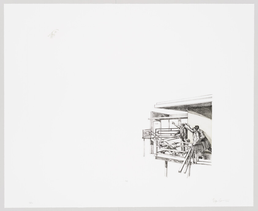 Two people stand on a wooden balcony, one pointing outward while the other watches.