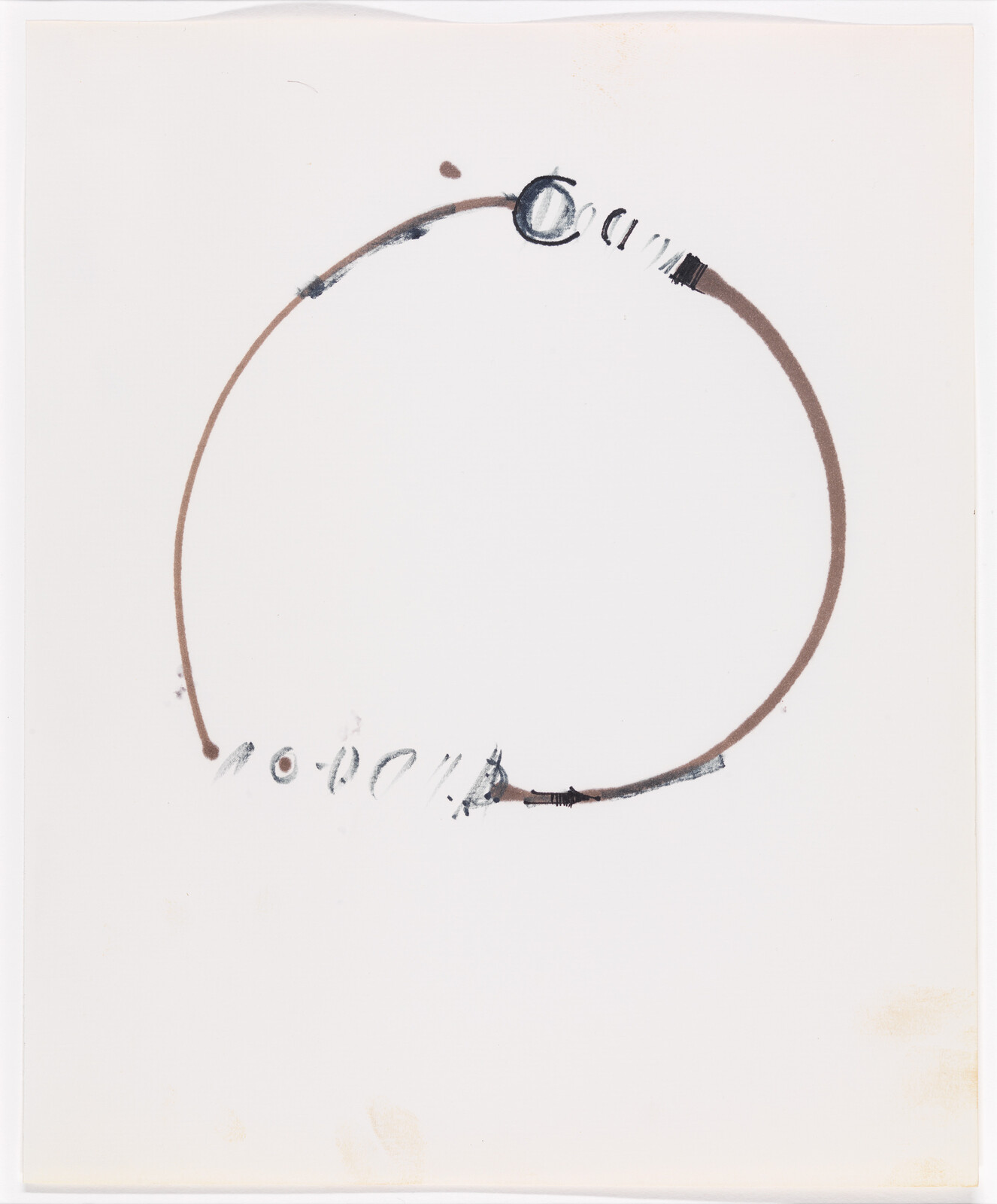 A minimalist artistic expression with a single brown circular line, interrupted by smudges and incomplete text, on a white background.