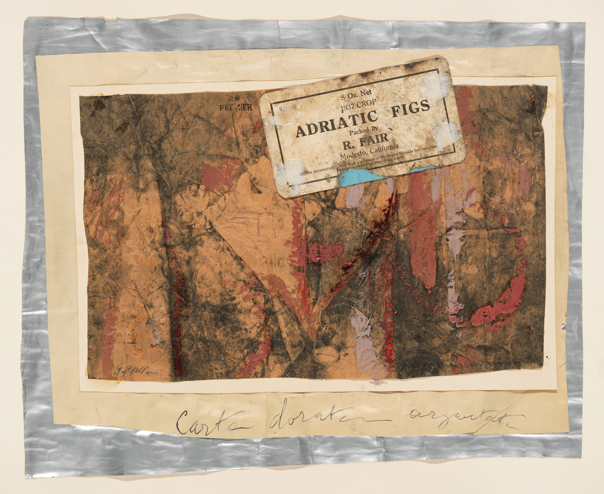 Worn abstract paper collage with peeling "Adriatic Figs" label and a silver tape border.