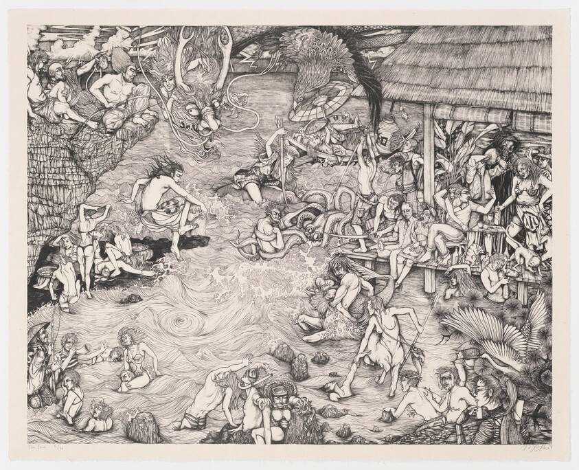 Crowded riverside scene showing people bathing, socializing, and a dragon head looming above.