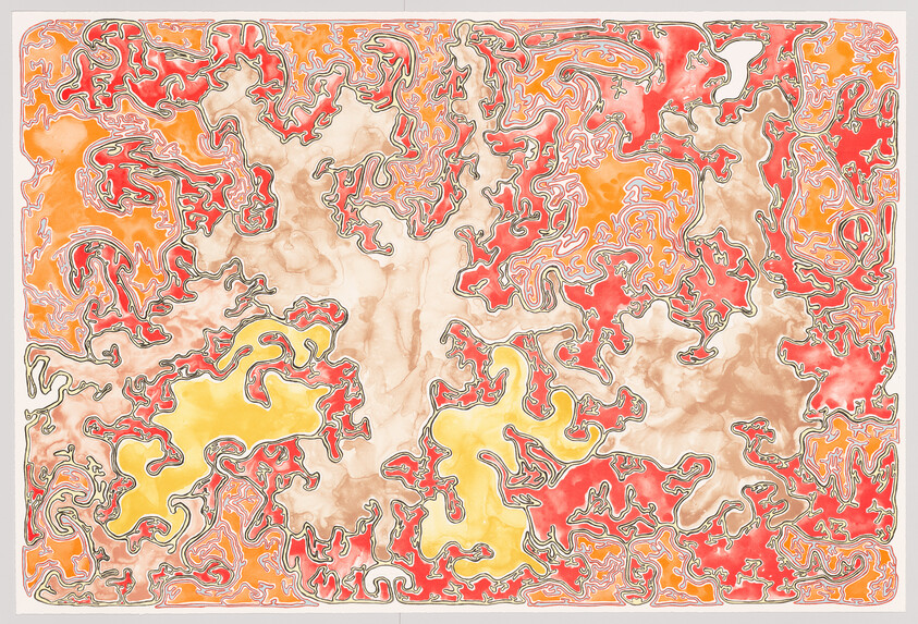 Abstract swirling red, orange, and yellow shapes with black outlines on a pale background.