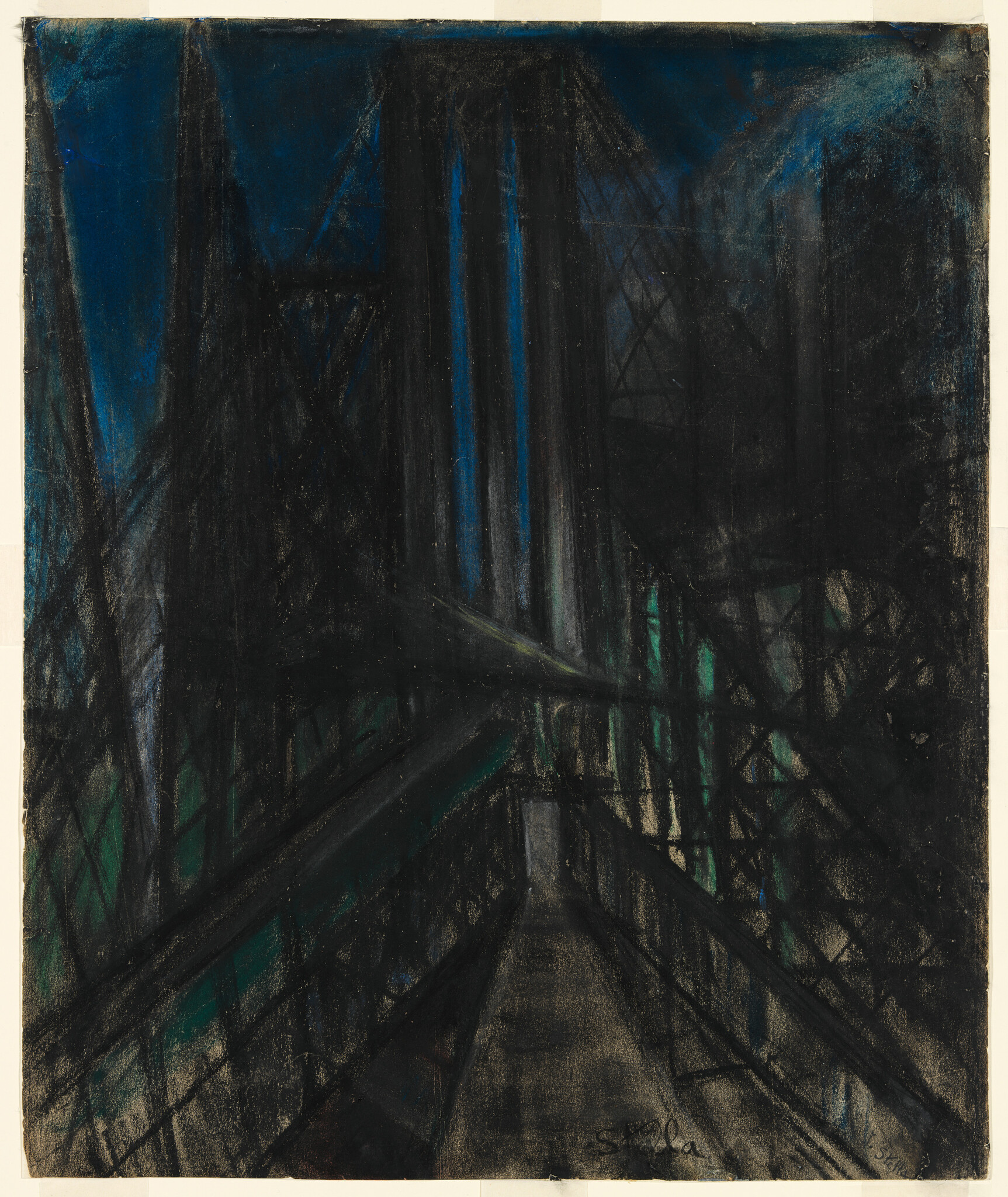 Dark, abstract drawing of a bridge or industrial structure with tall beams and a walkway leading into the distance.