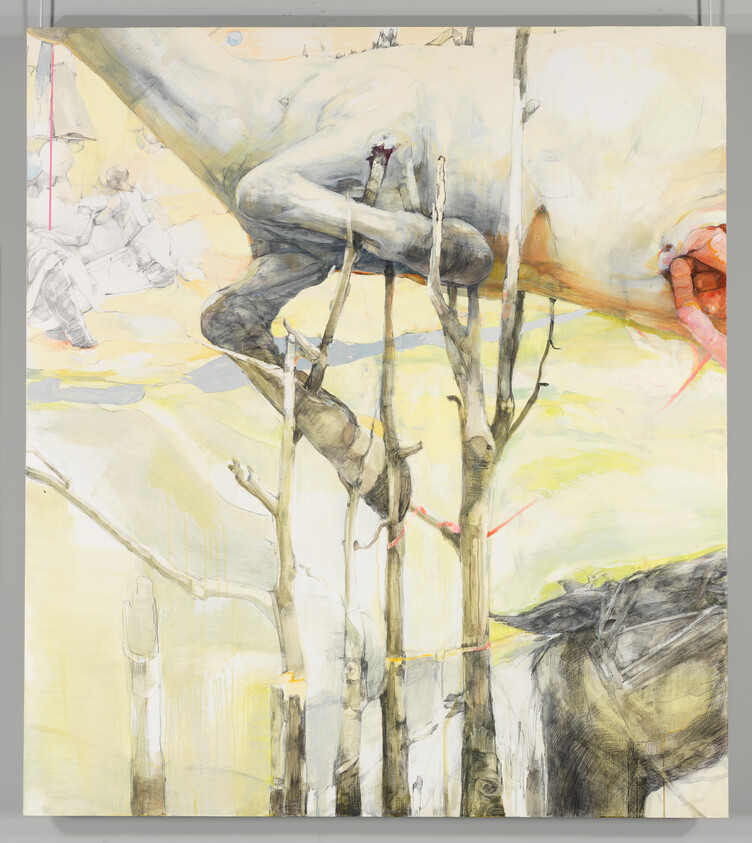 A pale human figure draped across thin tree trunks above a muted landscape, with a red hand at right.