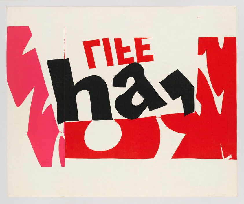 Large bold black and red letters spelling "the hay" over abstract red shapes.