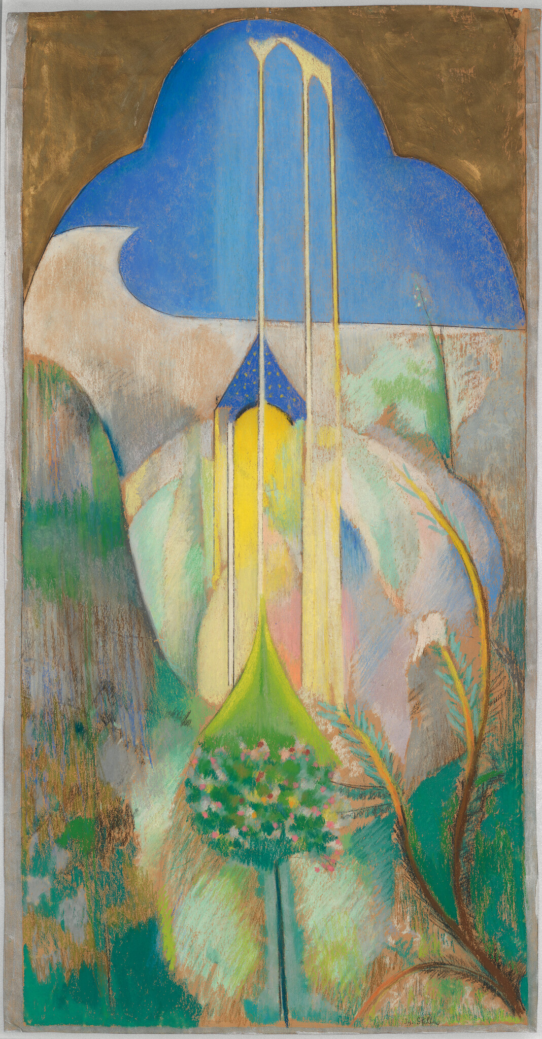 Tall blue arch with golden vertical streams above a bright yellow structure and a flowering green tree.