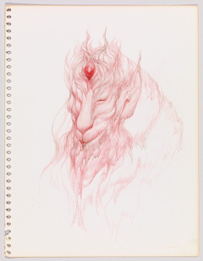 A red pencil sketch of a lion-like creature with flowing mane and a glowing third eye.