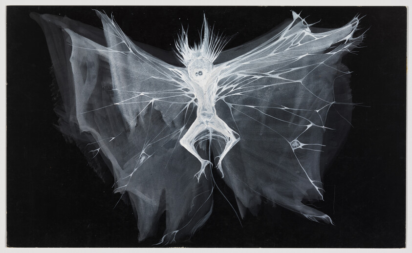 A translucent moth-like creature with spread veined wings and spiky central body.