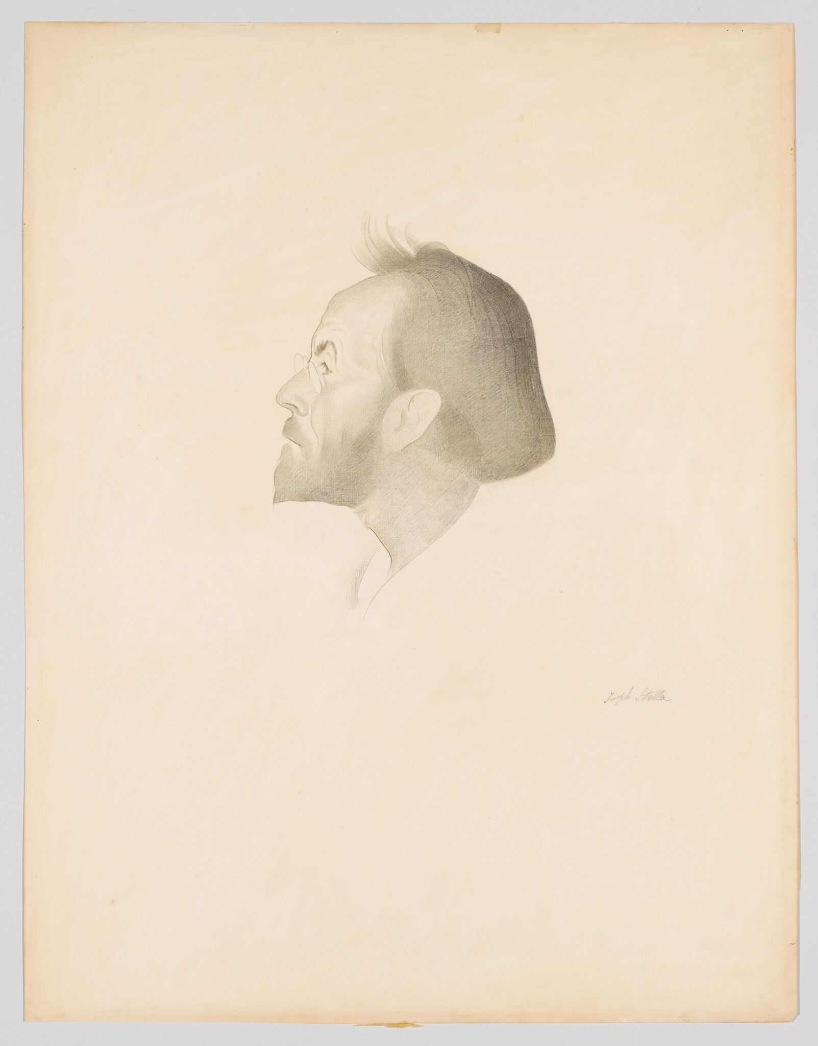 A pencil portrait of a bearded man in profile looking upward with small round glasses.
