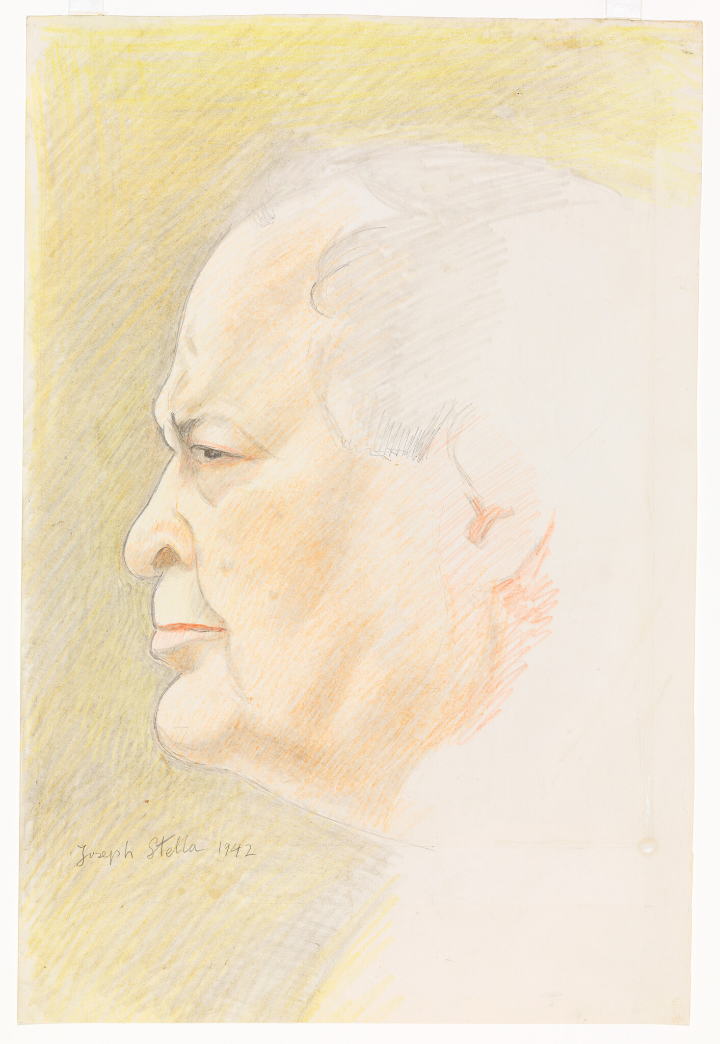 Profile portrait of an older man with neutral expression rendered in soft colored pencil.