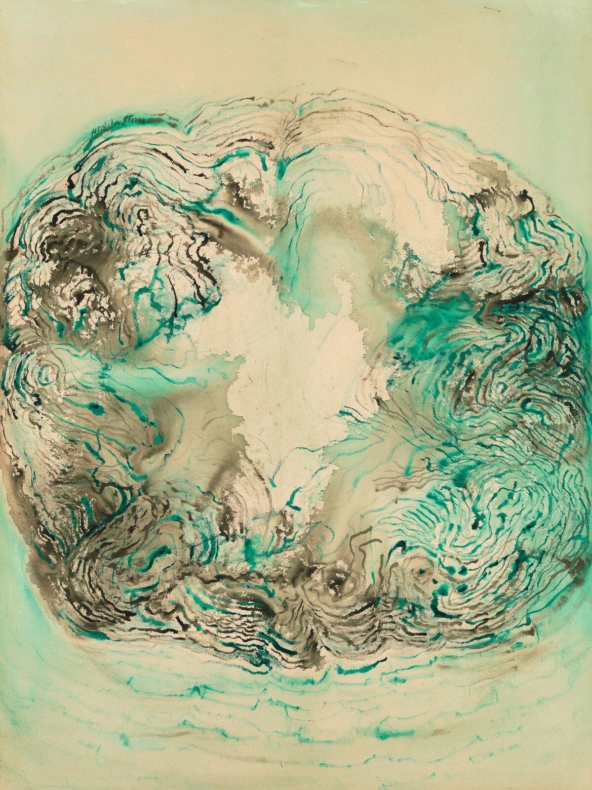 A large circular abstract painting with teal and black swirling water-like patterns.