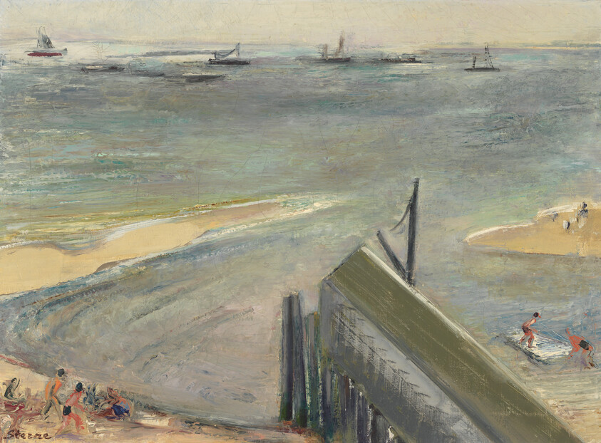 A calm coastal scene with a wooden pier, beachgoers, and boats sailing on distant water.