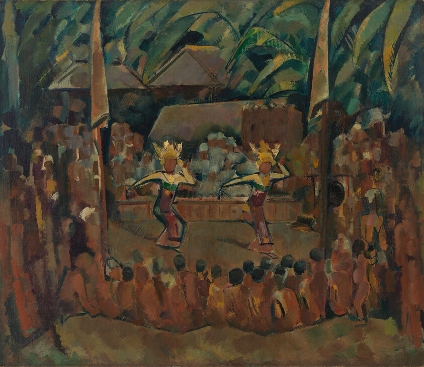 Two crowned dancers perform on a raised stage while a large crowd watches under palm trees.