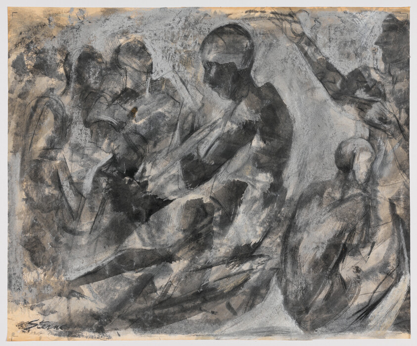 Several loosely sketched seated and standing human figures in charcoal overlapping and gesturing.
