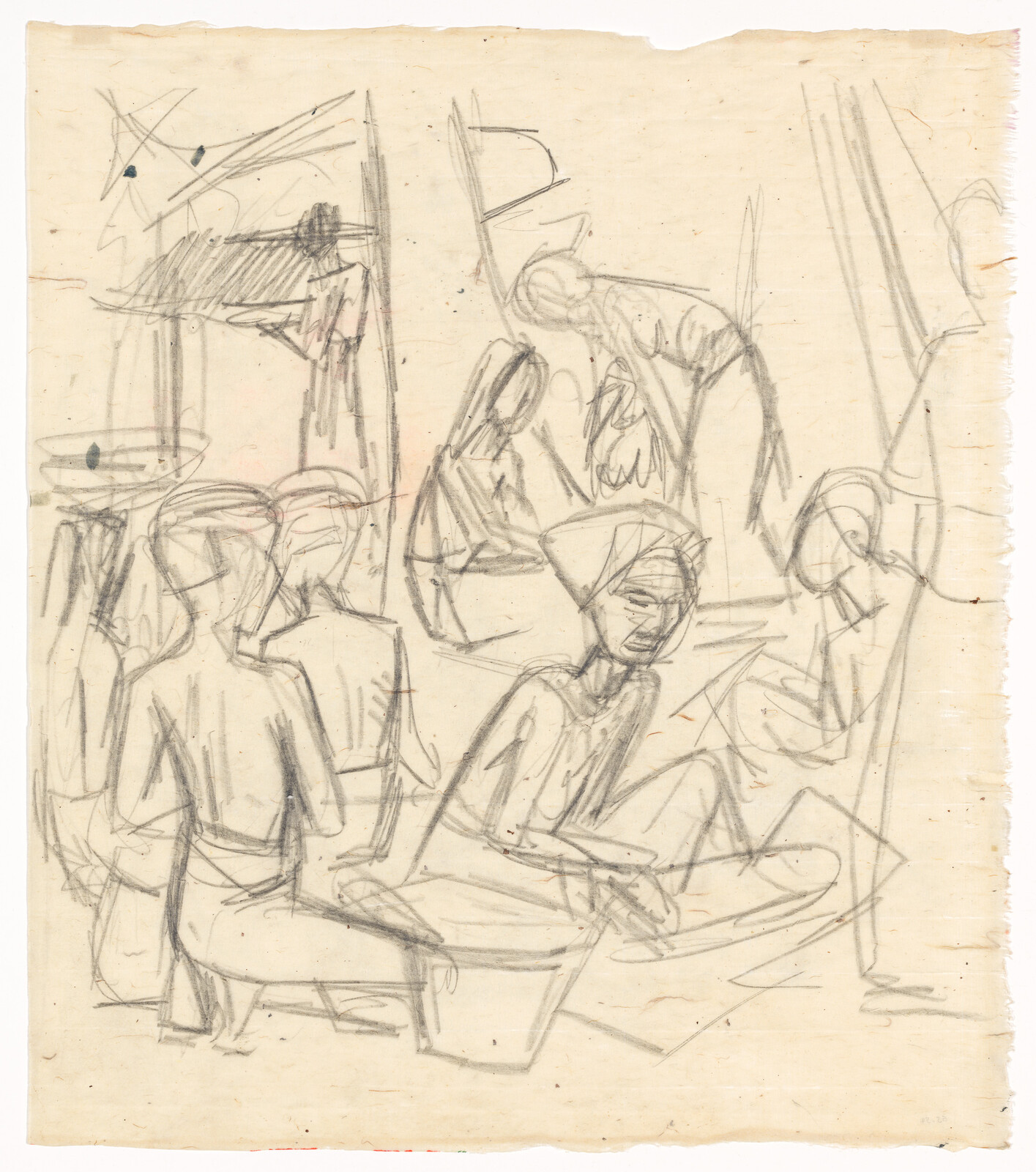 Several people sit and lean forward in a rough pencil sketch suggesting a busy communal scene.