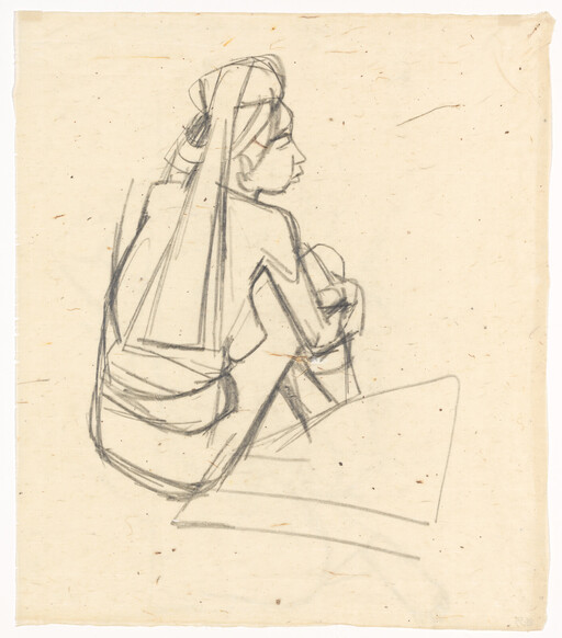 A pencil sketch of a seated woman with long hair sitting with knees drawn up.