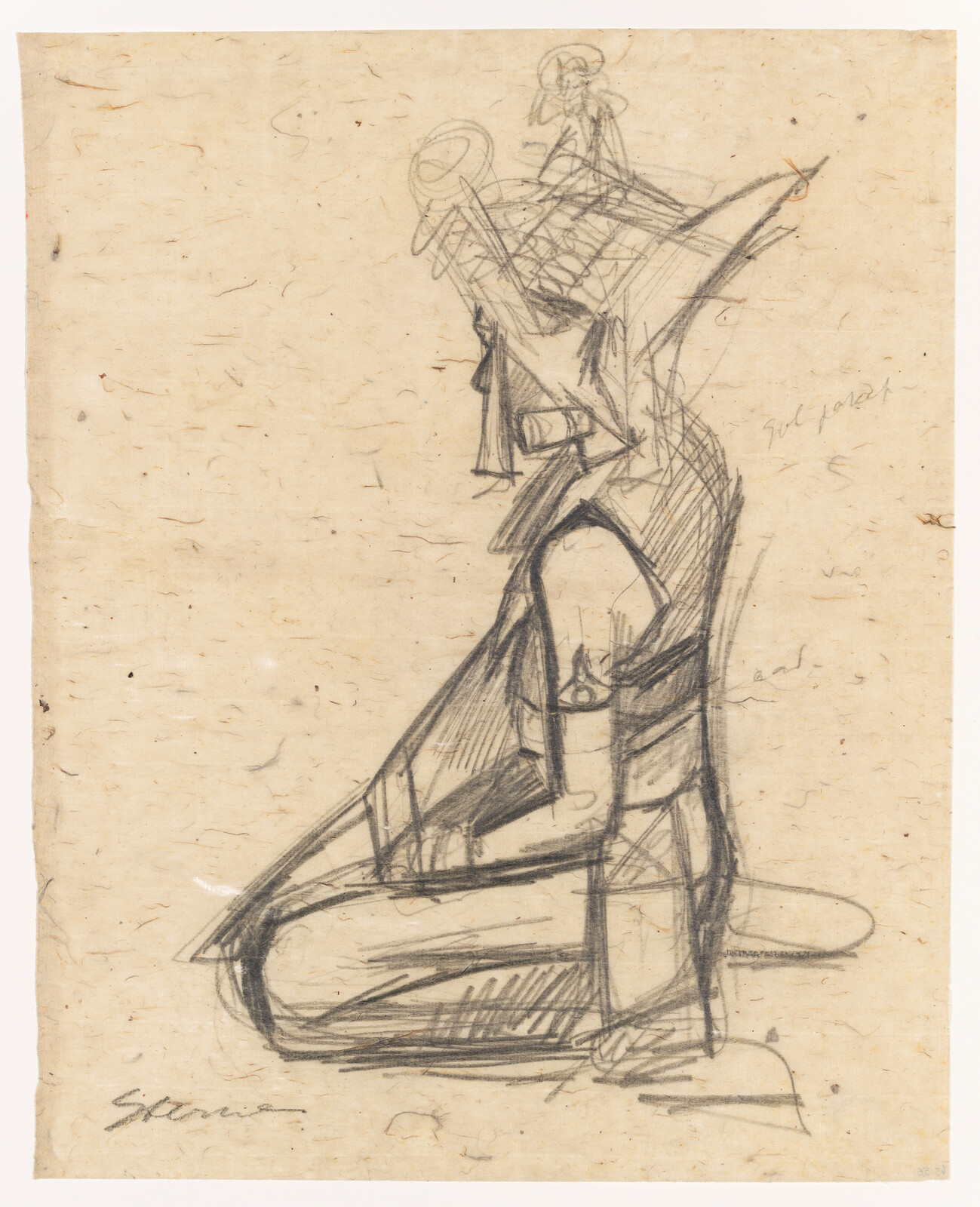 A pencil sketch of a kneeling figure in profile wearing an elaborate horned headdress.