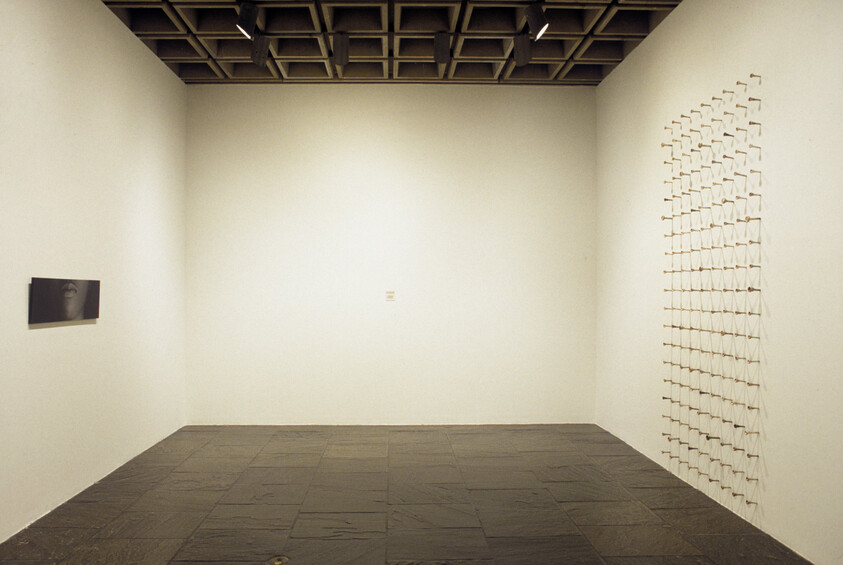 Art gallery room with a black-and-white photo of lips on the left wall and a grid of small objects on the right wall.