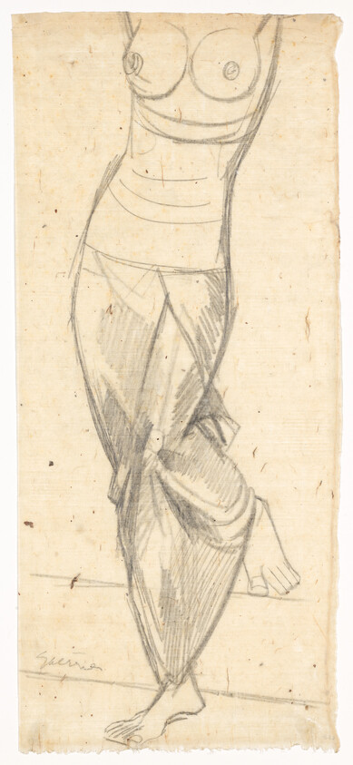 Pencil sketch of a standing female torso and crossed legs with draped fabric.