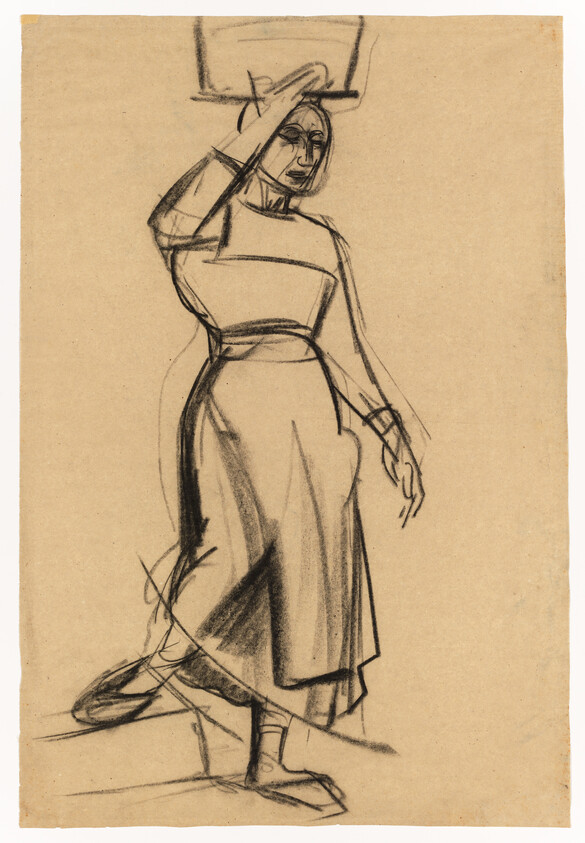 Charcoal sketch of a woman walking while balancing a basket on her head and wearing a long skirt.