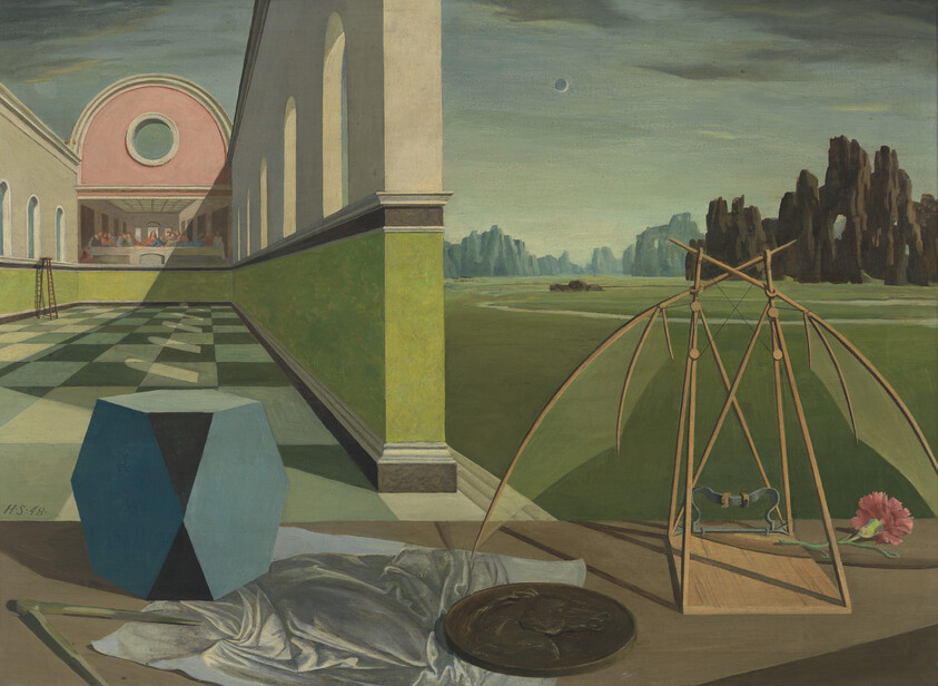 Surreal painting with checkerboard floor, geometric shapes, draped cloth, and a landscape with distant rock formations.