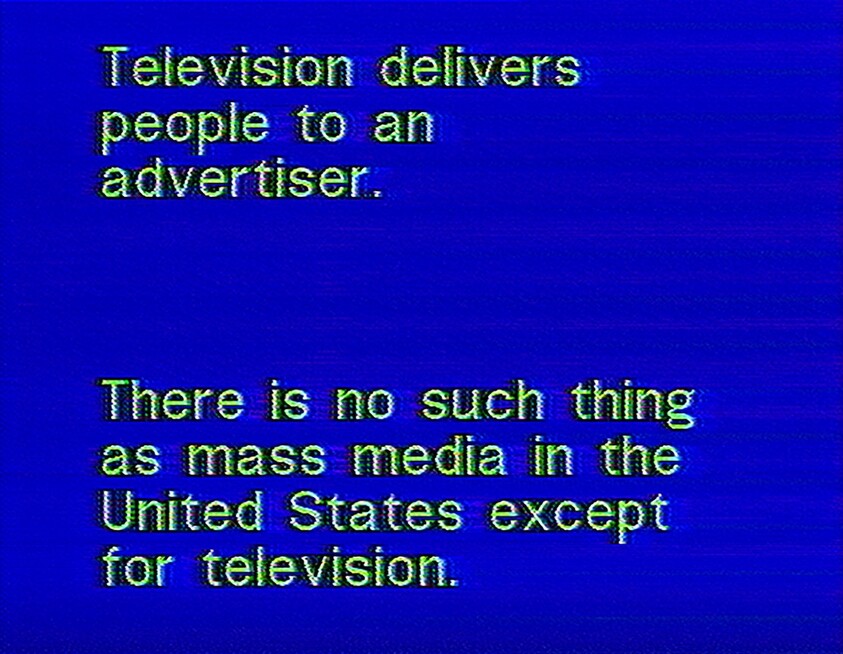 Yellow text on a blue screen says television delivers people to advertisers and only television is mass media in the US.