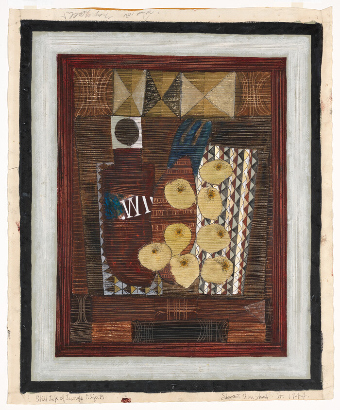 A still life shows a bottle labeled "W1" beside a cluster of yellow fruits on a patterned background.