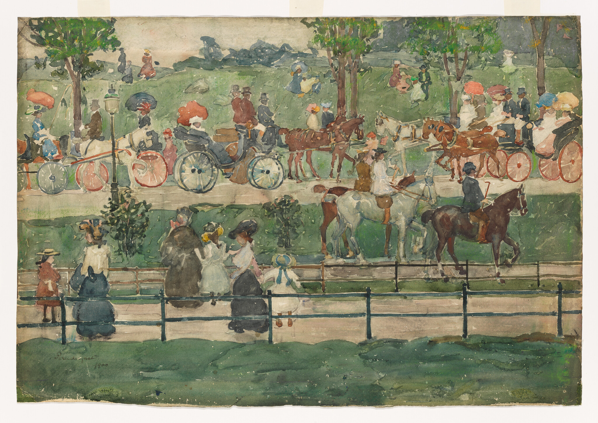 People and horse-drawn carriages pass along a park path while onlookers stand by a fence.