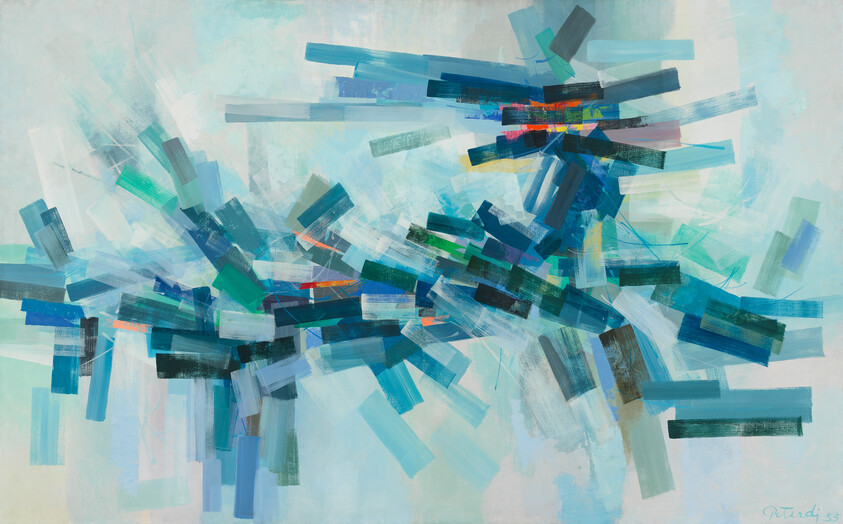 Abstract painting with overlapping turquoise, blue, and teal rectangular brushstrokes forming a dynamic horizontal composition.