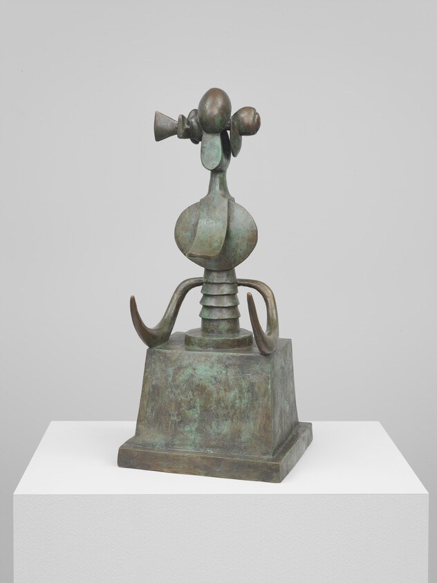 Bronze abstract sculpture with rounded forms and curved arms mounted on a square plinth.