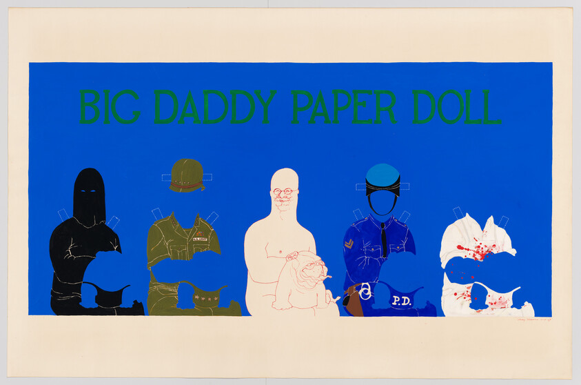 Central bald man with bulldog and five paper-doll outfits under the title "BIG DADDY PAPER DOLL."
