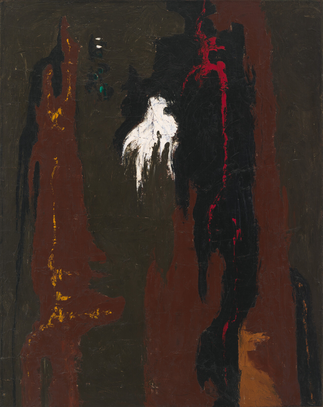 Dark abstract painting with a central white paint splash and vertical red and brown streaks.